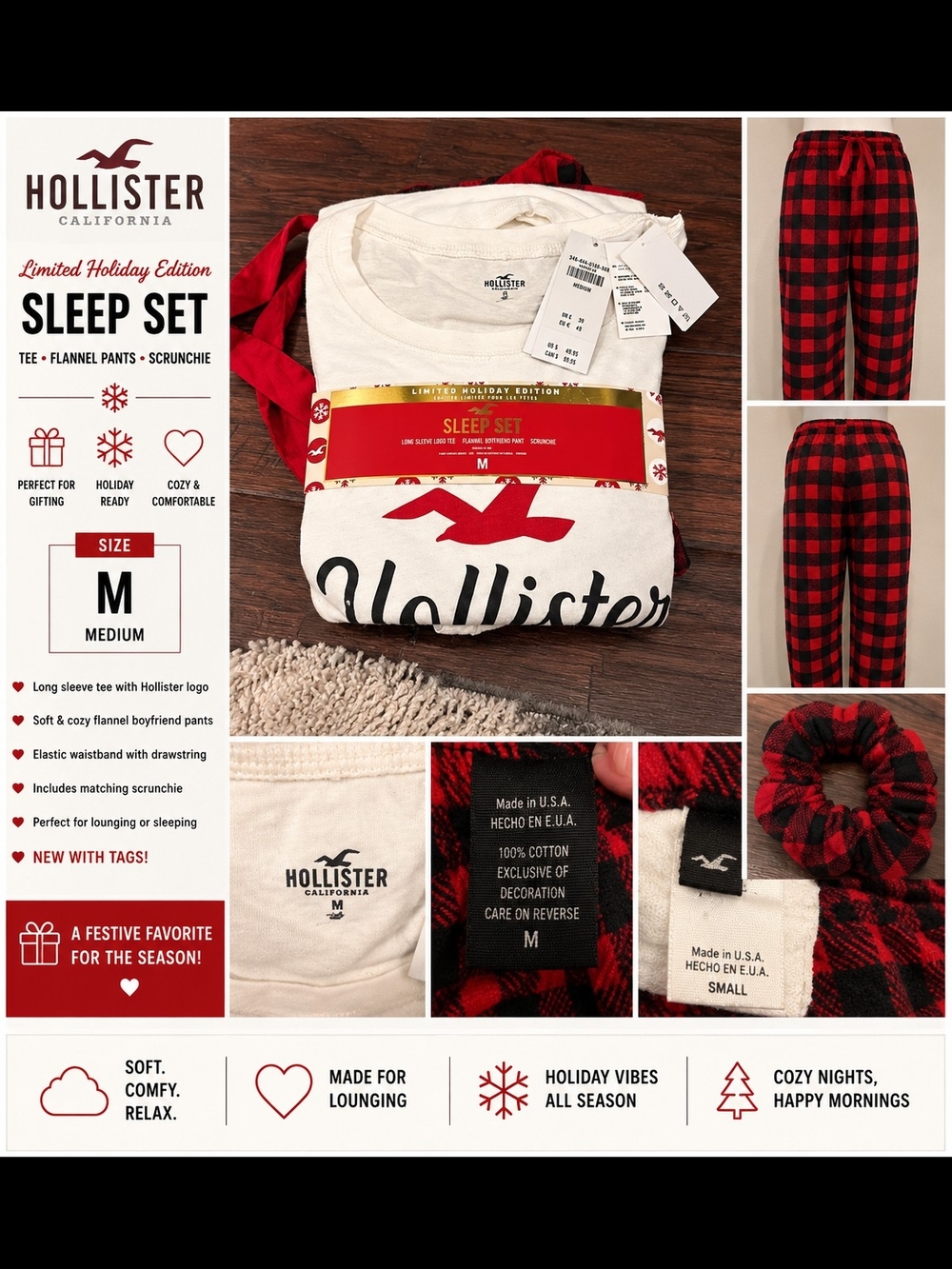 Hollister Cream Long-Sleeve Tee with Red & Black Plaid Flannel Pants Set